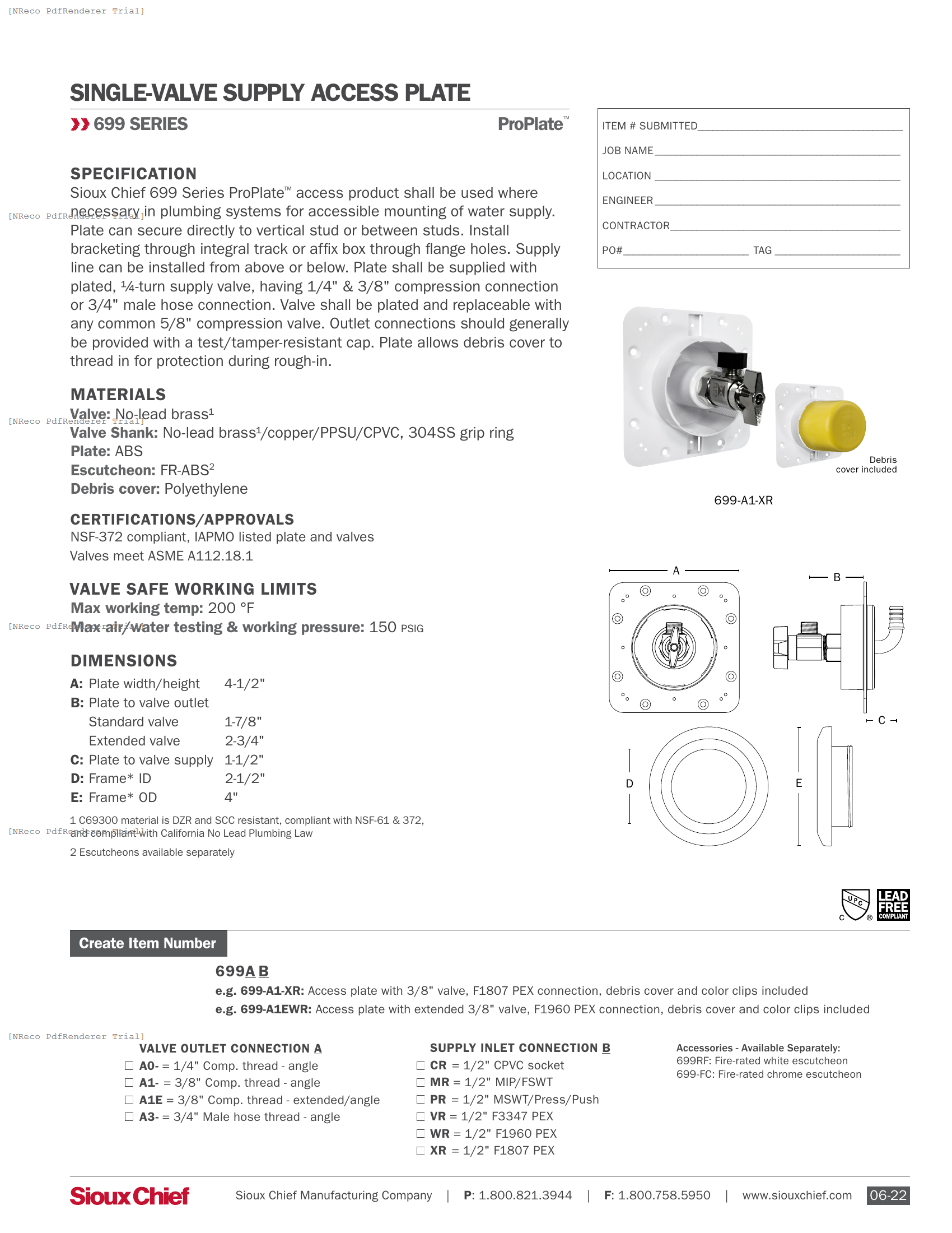 699 SERIES - PROPLATE VALVED ACCESS PLATE - SPEC SHEET.PDF Specification Document